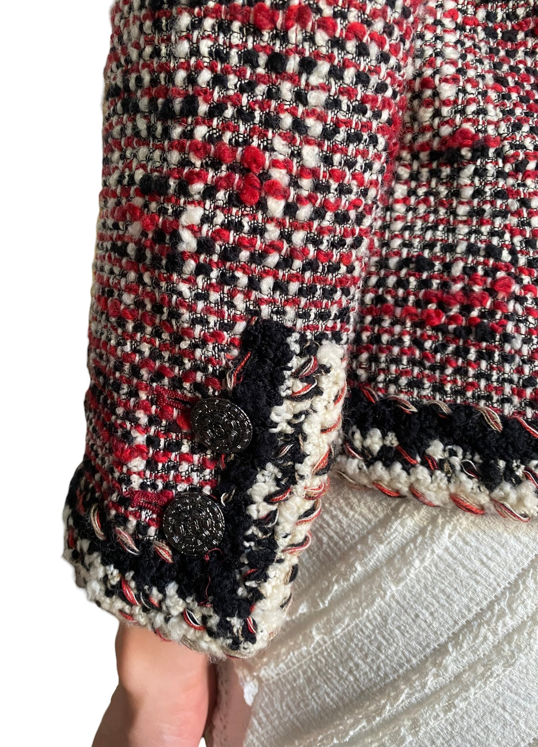 Chanel 2010 Red Tweed Boucle Ruthenium Button Jacket - FR 36 / US 2