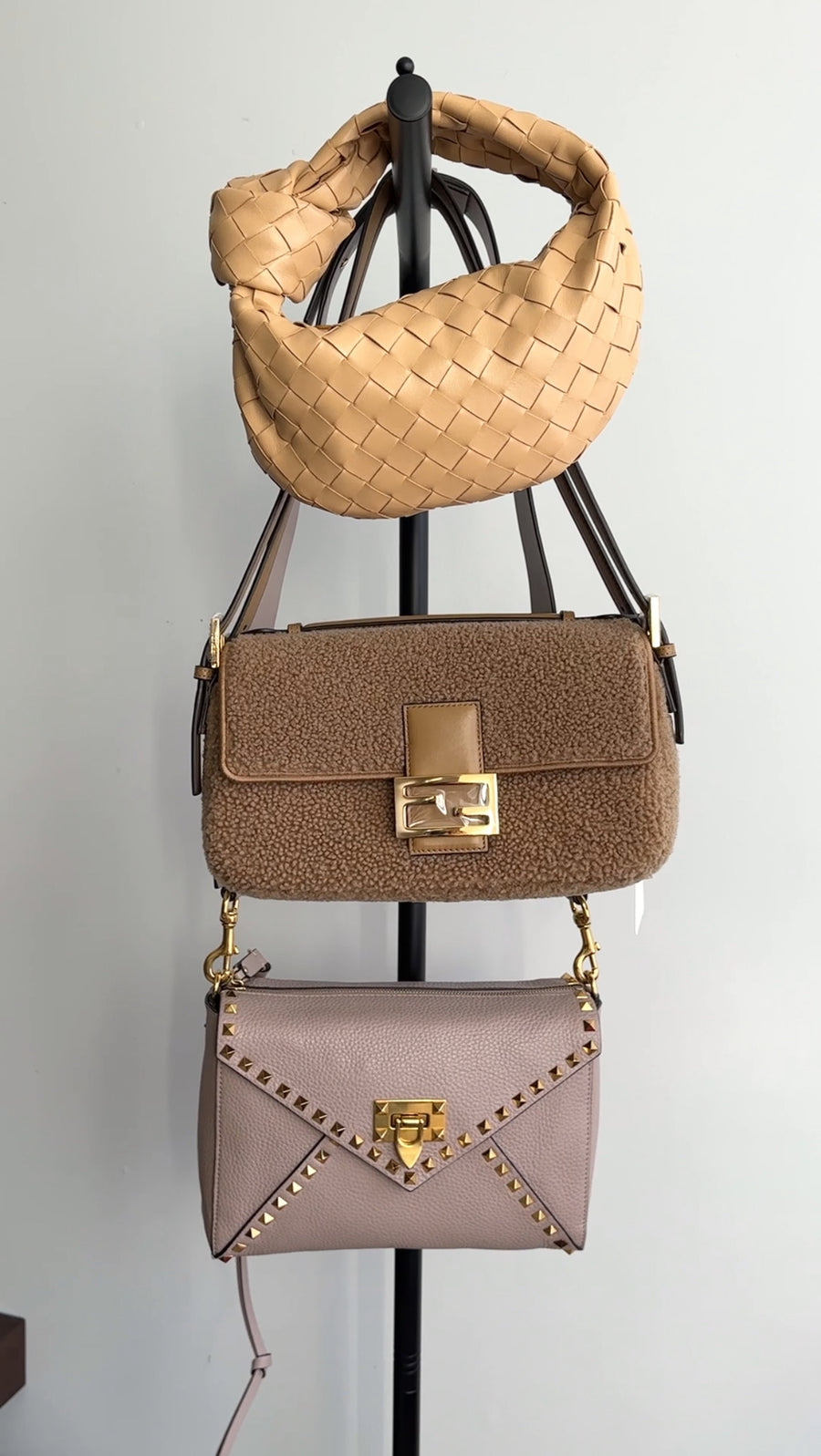 Fendi Brown Shearling Double Flap Baguette Bag