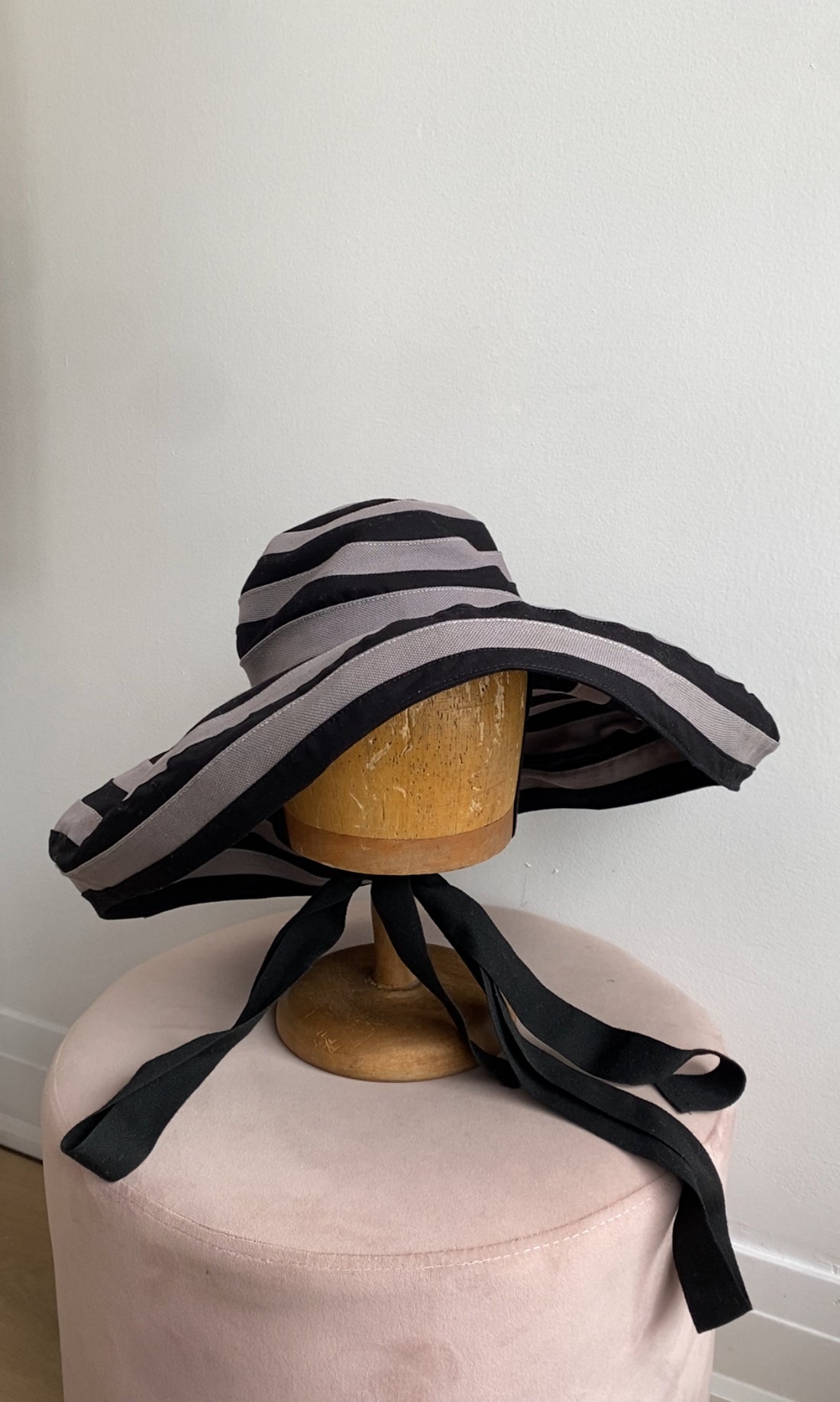 Prada Grey and Black Striped Cotton Canvas Sun Hat - M