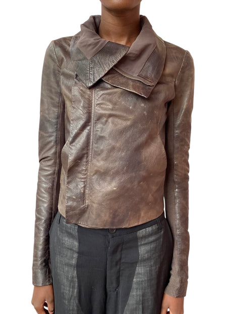 Rick Owens Brown Distressed Leather Biker Jacket - US 8