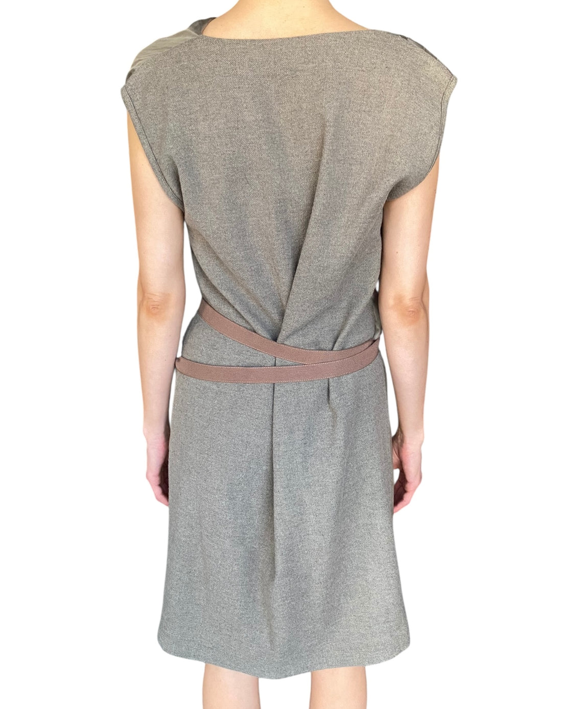 Brunello Cucinelli Taupe Silk Belted Draped Midi Dress - IT 46 / US 10