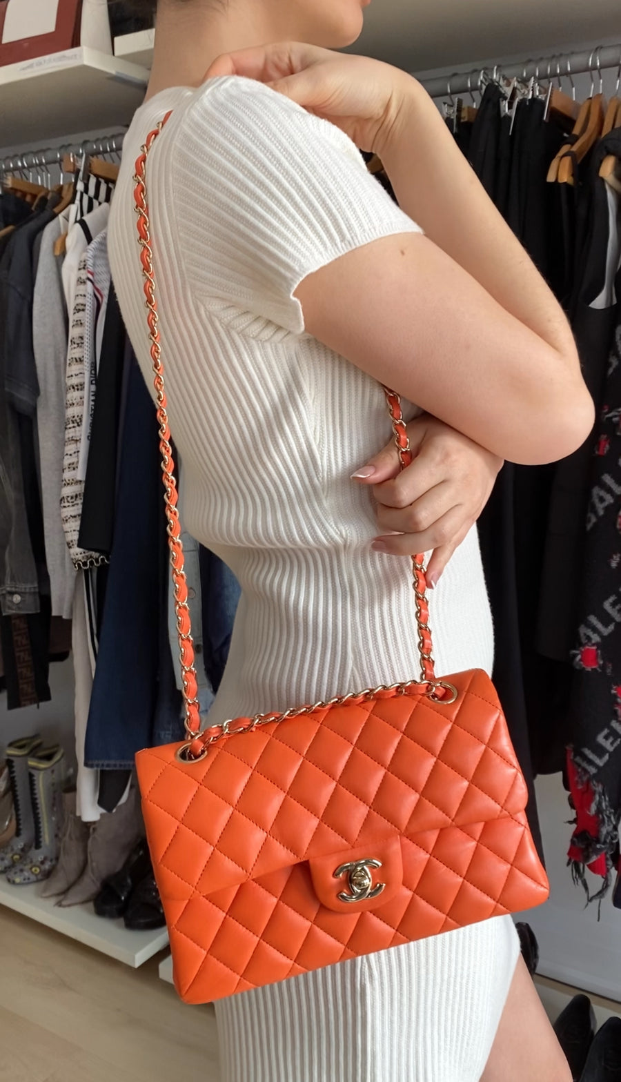 Chanel Small Orange Lambskin Leather Small Double Classic Flap Bag LGHW