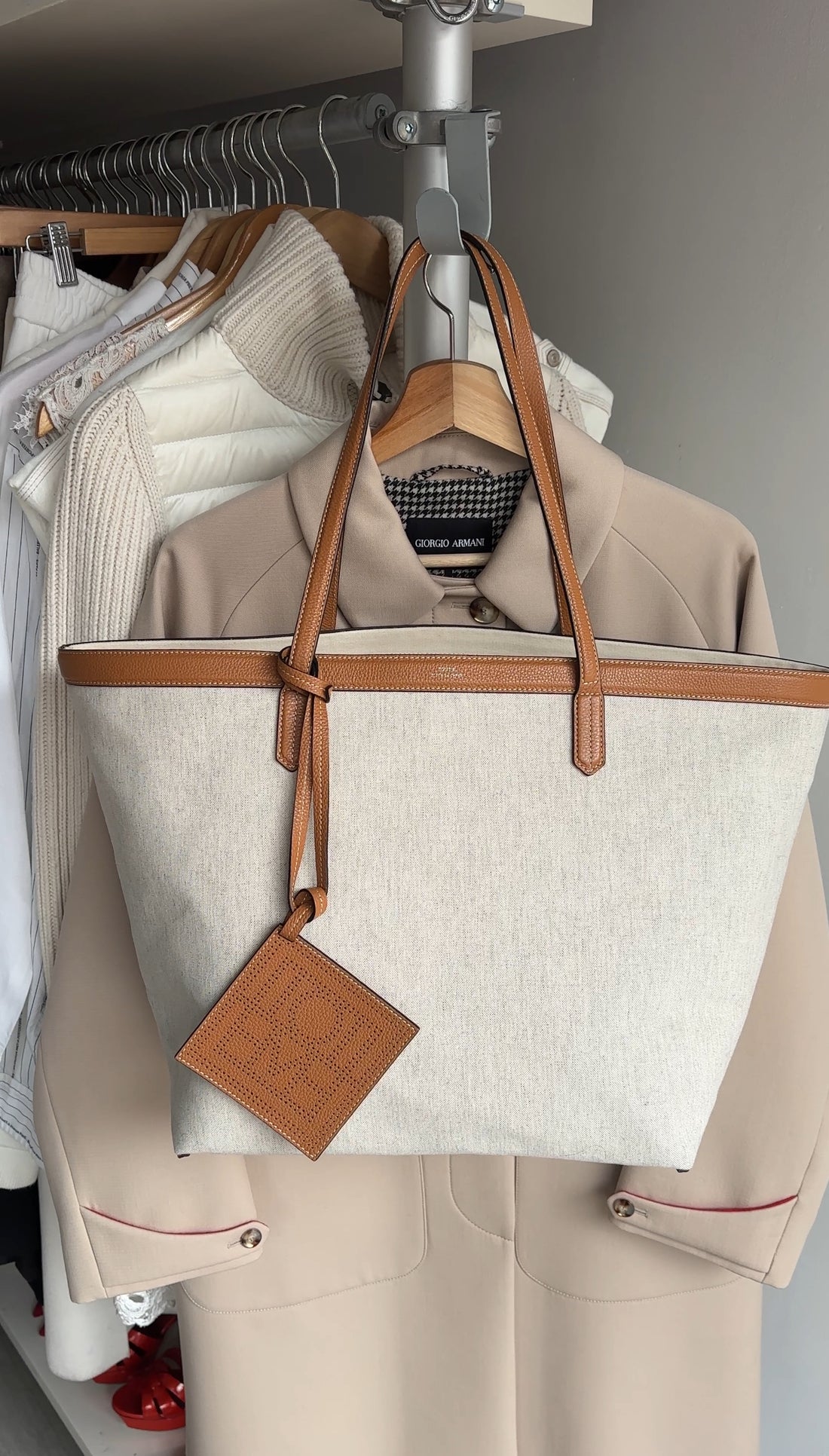 Toteme Large Canvas Tote Bag with Tan Leather Trim