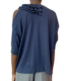 Brunello Cucinelli Navy Exposed Ruffle Shoulder Knit Top - L