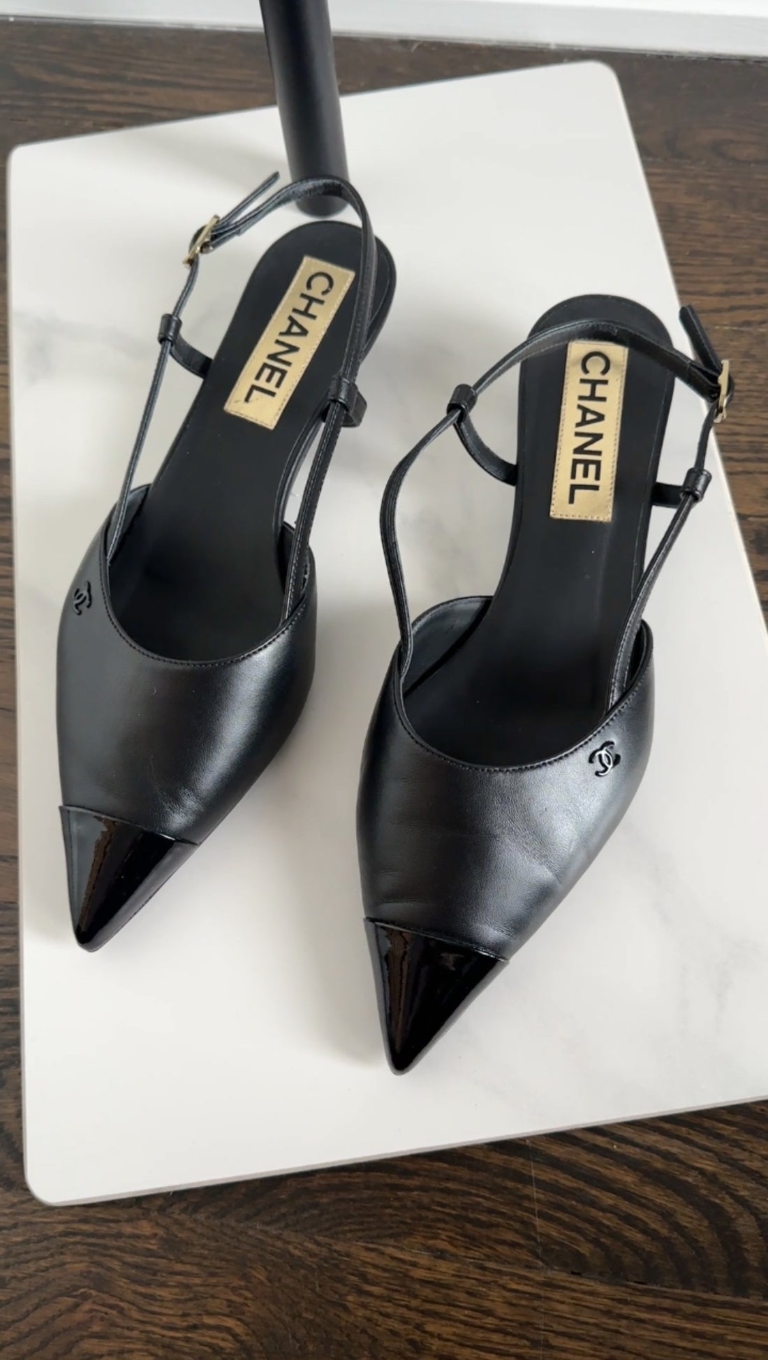Chanel 22K Black Leather Cap Toe Slingback Kitten Heels - 36.5C