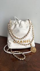 Chanel 22 White Glossed Leather Logo Mini Chain Bag