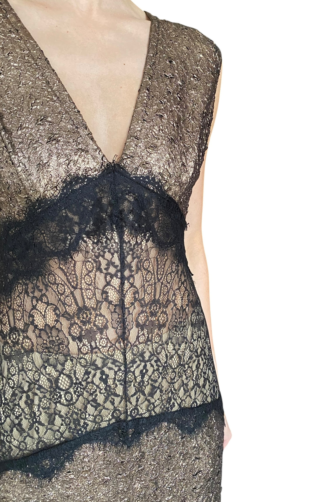 Miau by Clara Rotescu Copper Metallic & Black Lace Sleeveless Gown - 42 / US 4-6