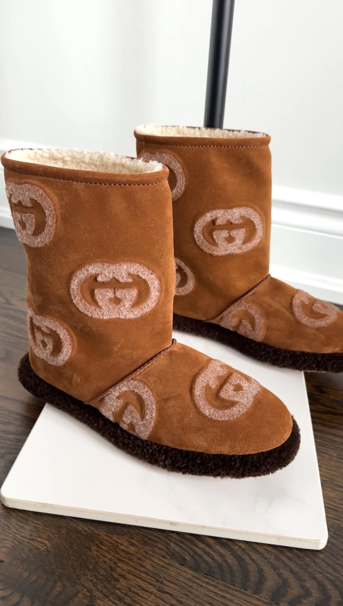 Gucci Brown Shearling Monogram Slip on Snow Boot - 37.5