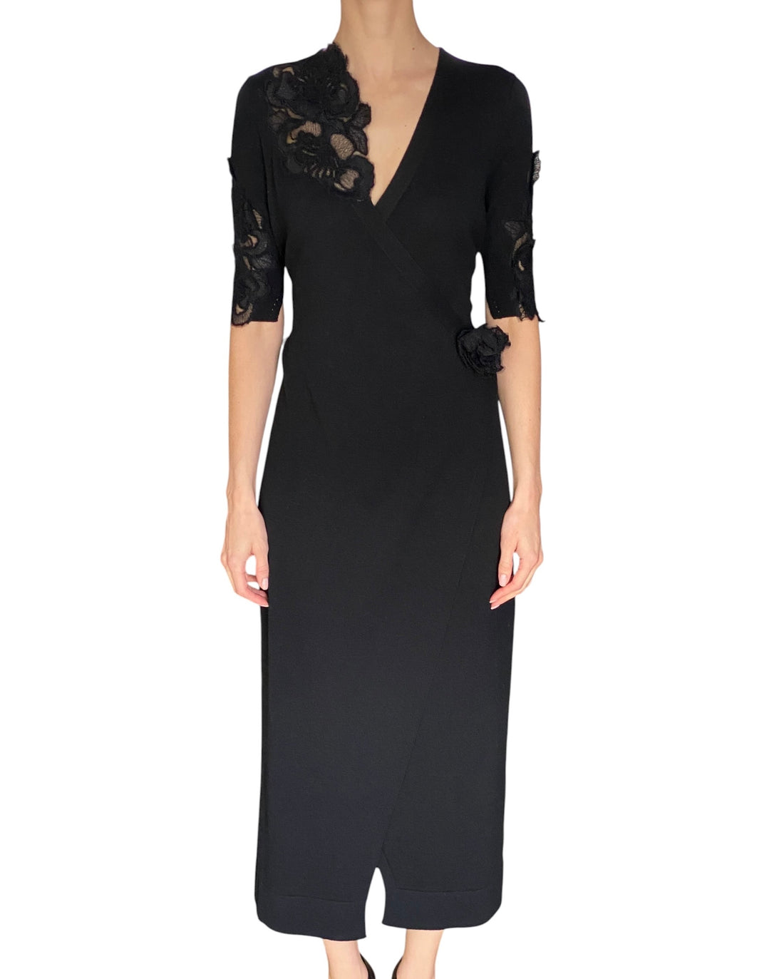 Ermanno Scervino Black Knit Floral Lace Wrap Midi Dress - IT 44 / US 6-8
