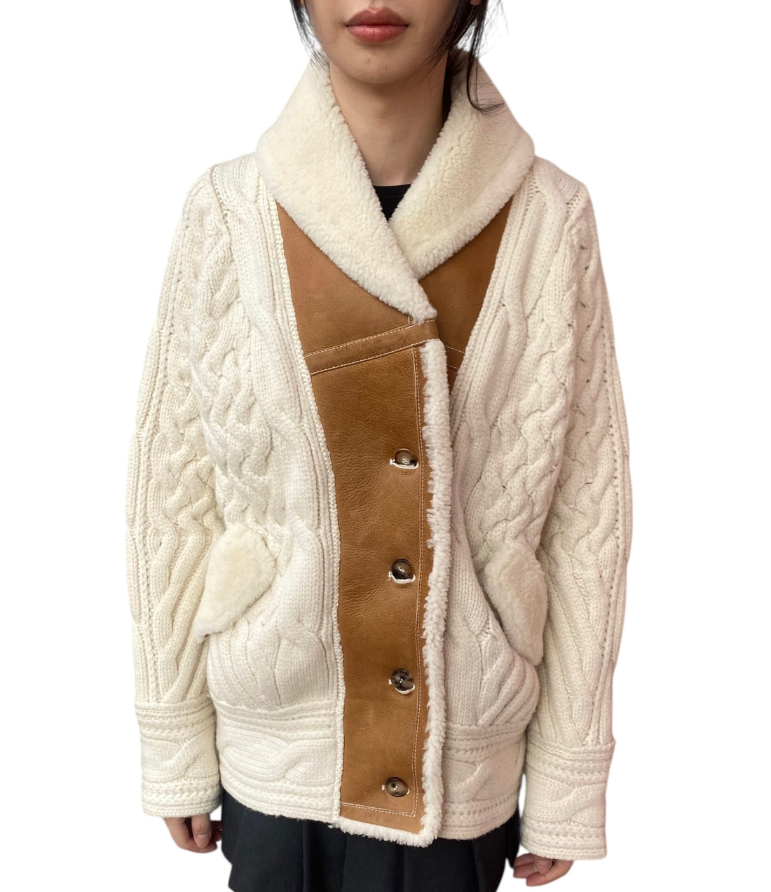 Ermanno Scervino Beige Cable Knit Shearling Jacket -  S/ M