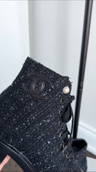 Chanel Black Tweed CC Pearl Cap Toe Lace Up Ankle Boots - 40C