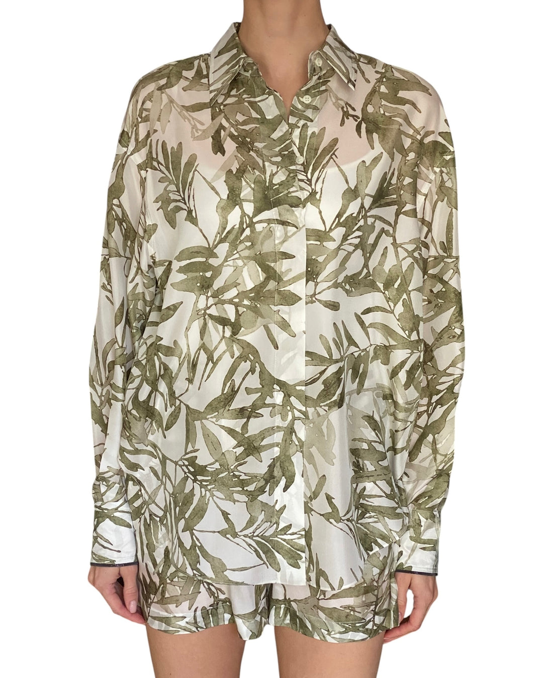 Brunello Cucinelli Green Silk Olive Print Long Sleeve Shirt - S / US 4-6