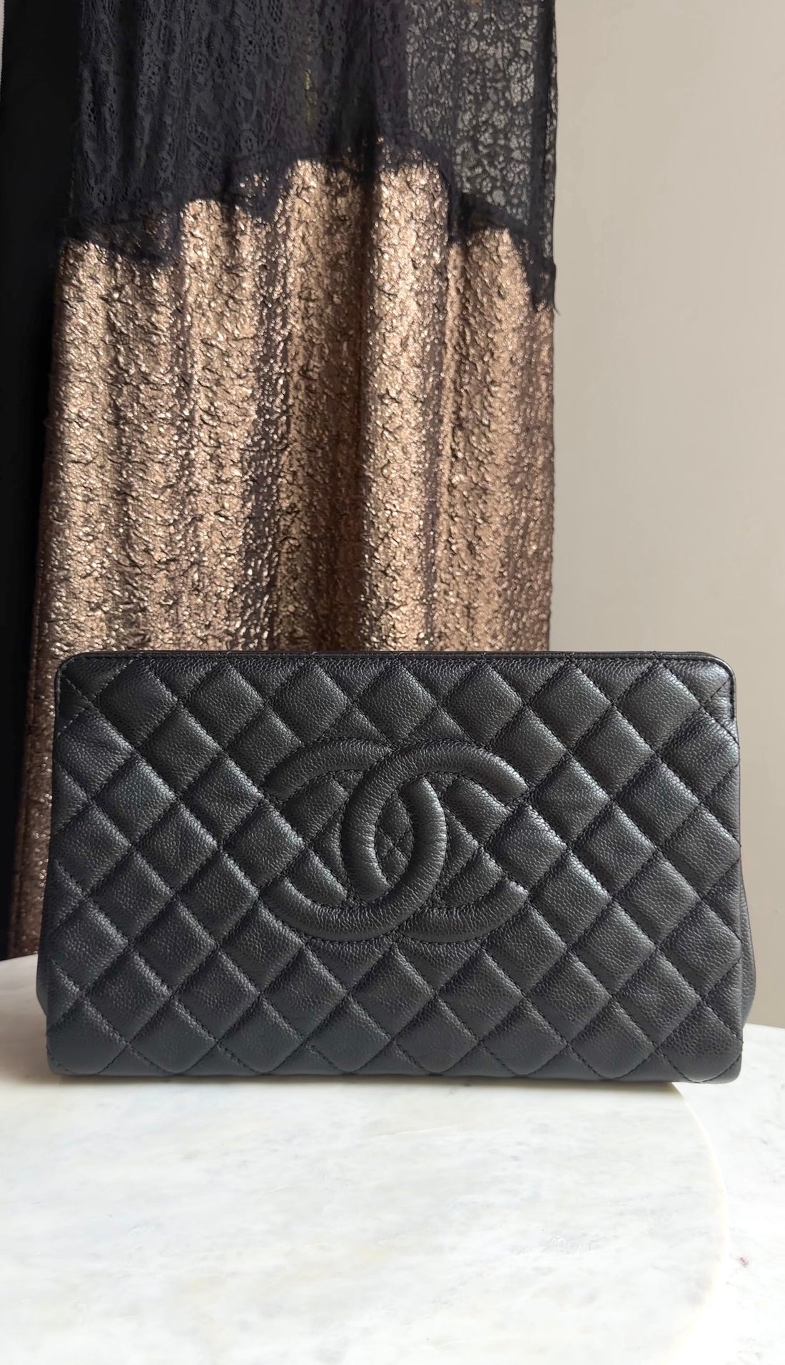 Chanel Black Caviar Quilted Leather Large CC Clutch Bag