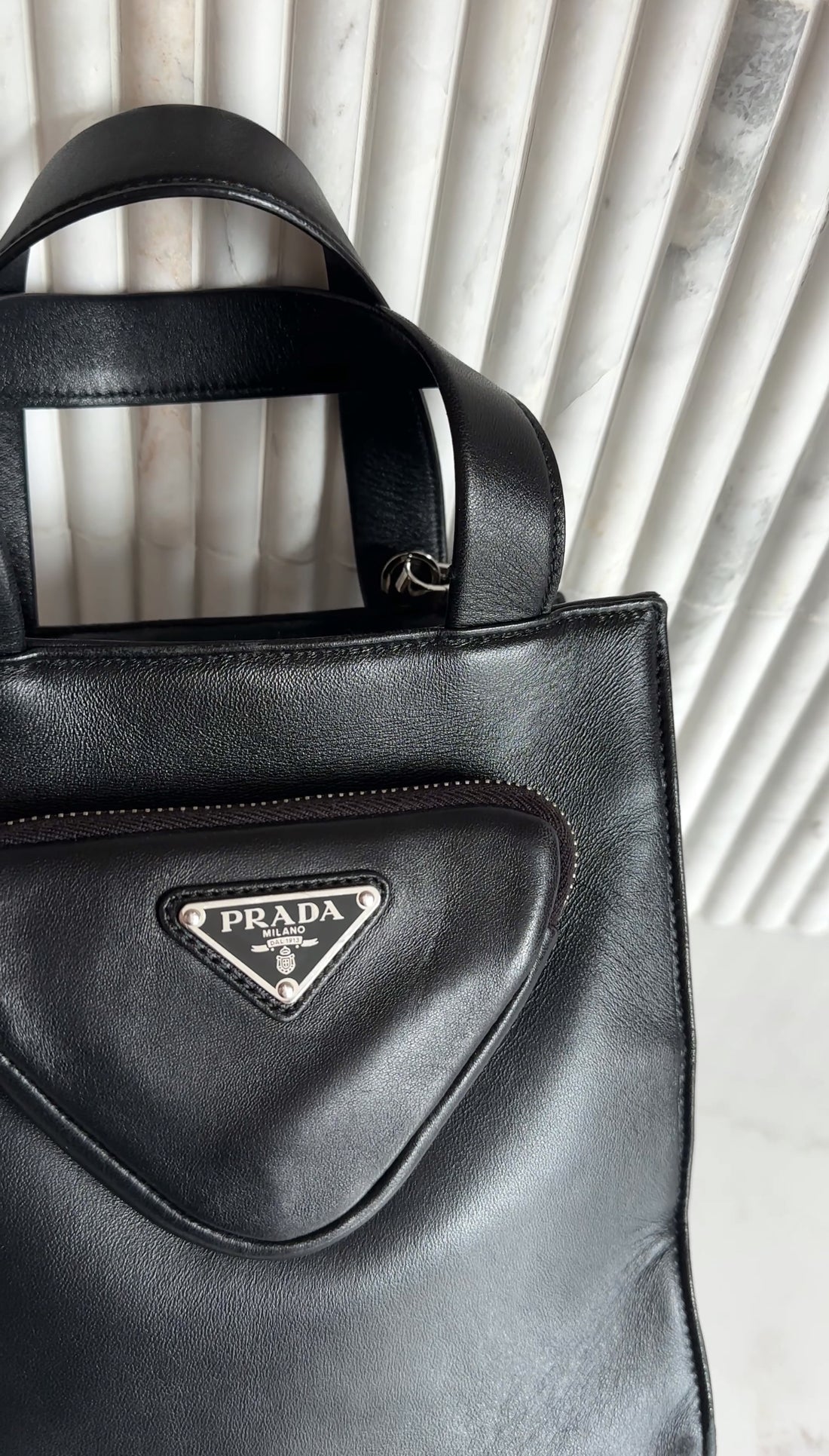 Prada Black Nappa Small Triangle Pocket Vertical Two Way Tote Bag
