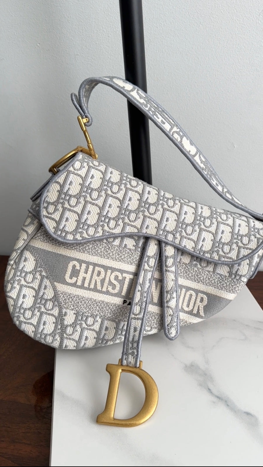 Christian Dior Large Light Grey Oblique Jacquard Saddle Bag