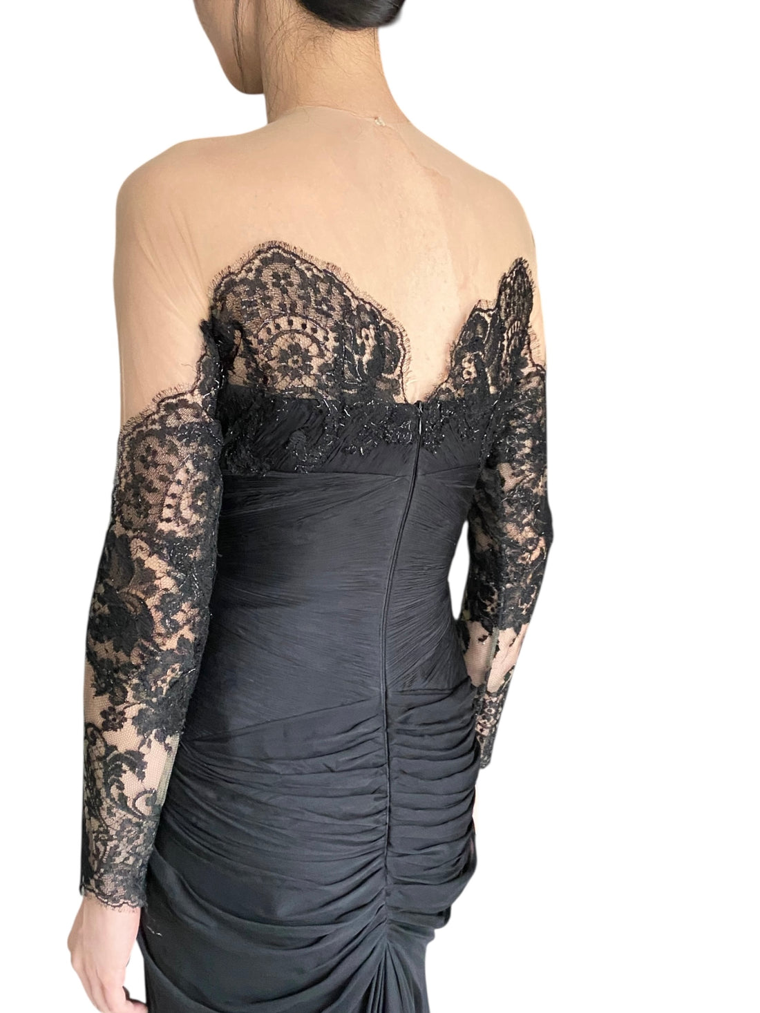 PAVONI Black Sheer Silk Chiffon / Illusion Lace Ruched Evening Gown