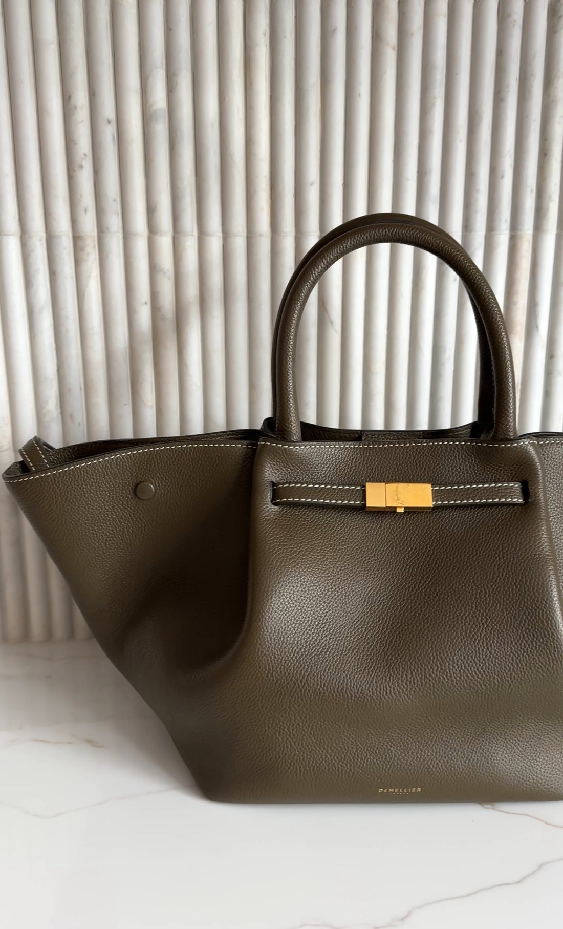 Demellier Dark Khaki  Grained Leather Midi New York Tote Bag