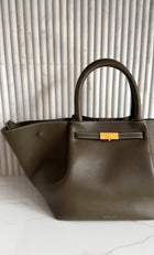 Demellier Dark Khaki  Grained Leather Midi New York Tote Bag