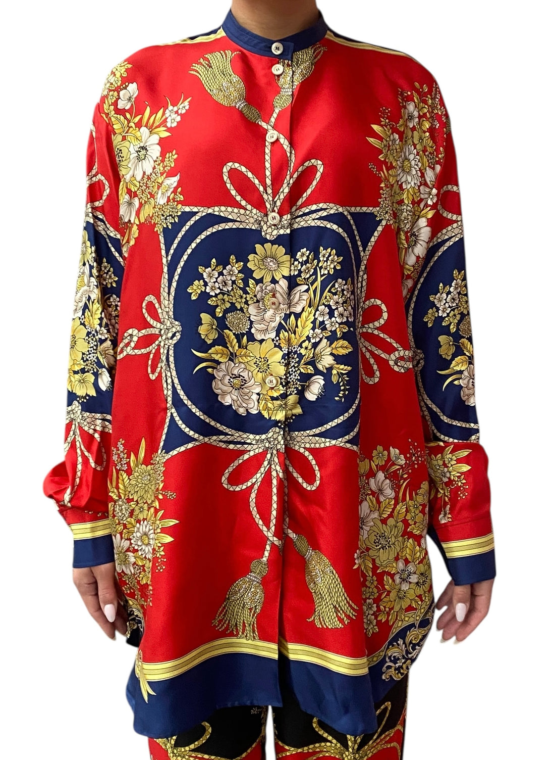 Gucci Red Silk Floral Tassel Print Tunic Shirt - 40 / US 4