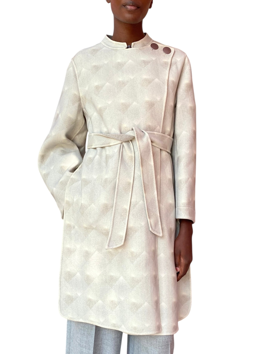 Giorgio Armani Grey Geometric Print Belted Wool Car Coat - 44 / US 8