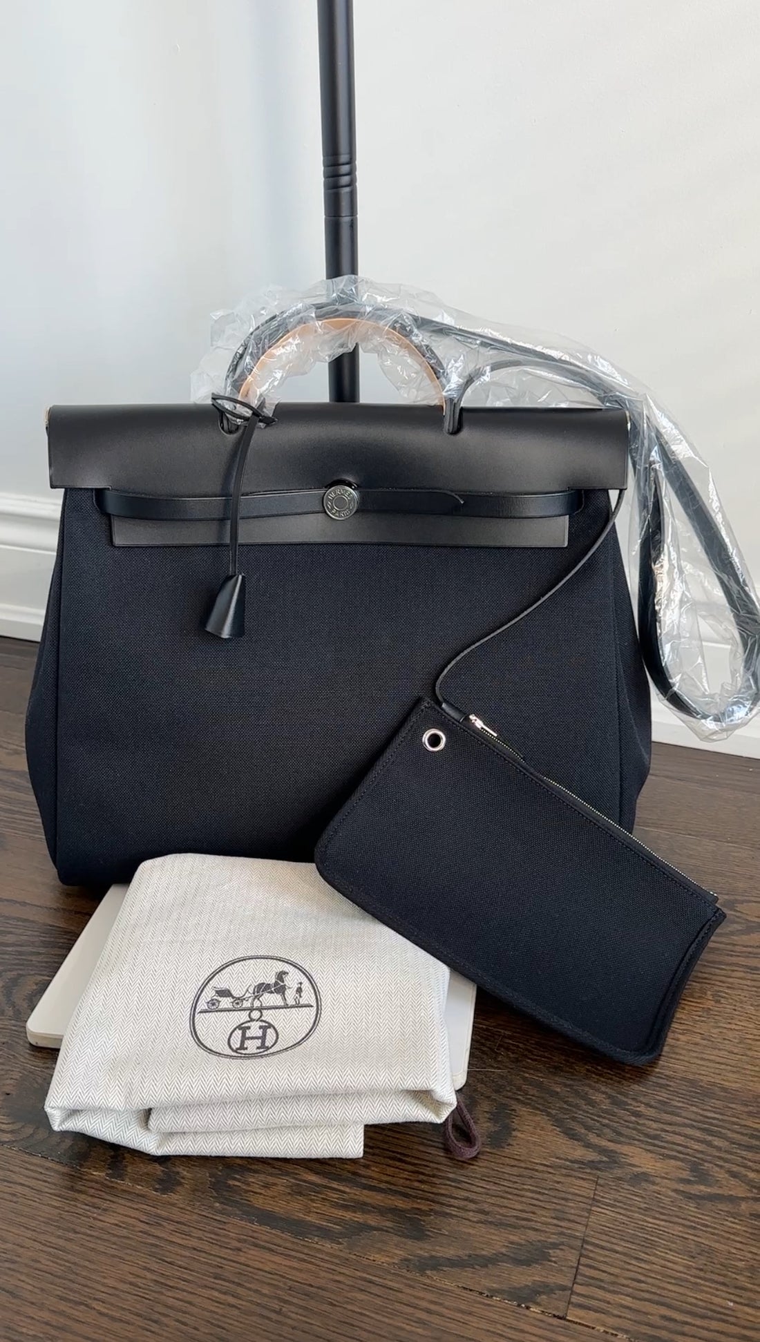 Hermes Black Leather and Toile Herbag Zip 39 Messenger Bag