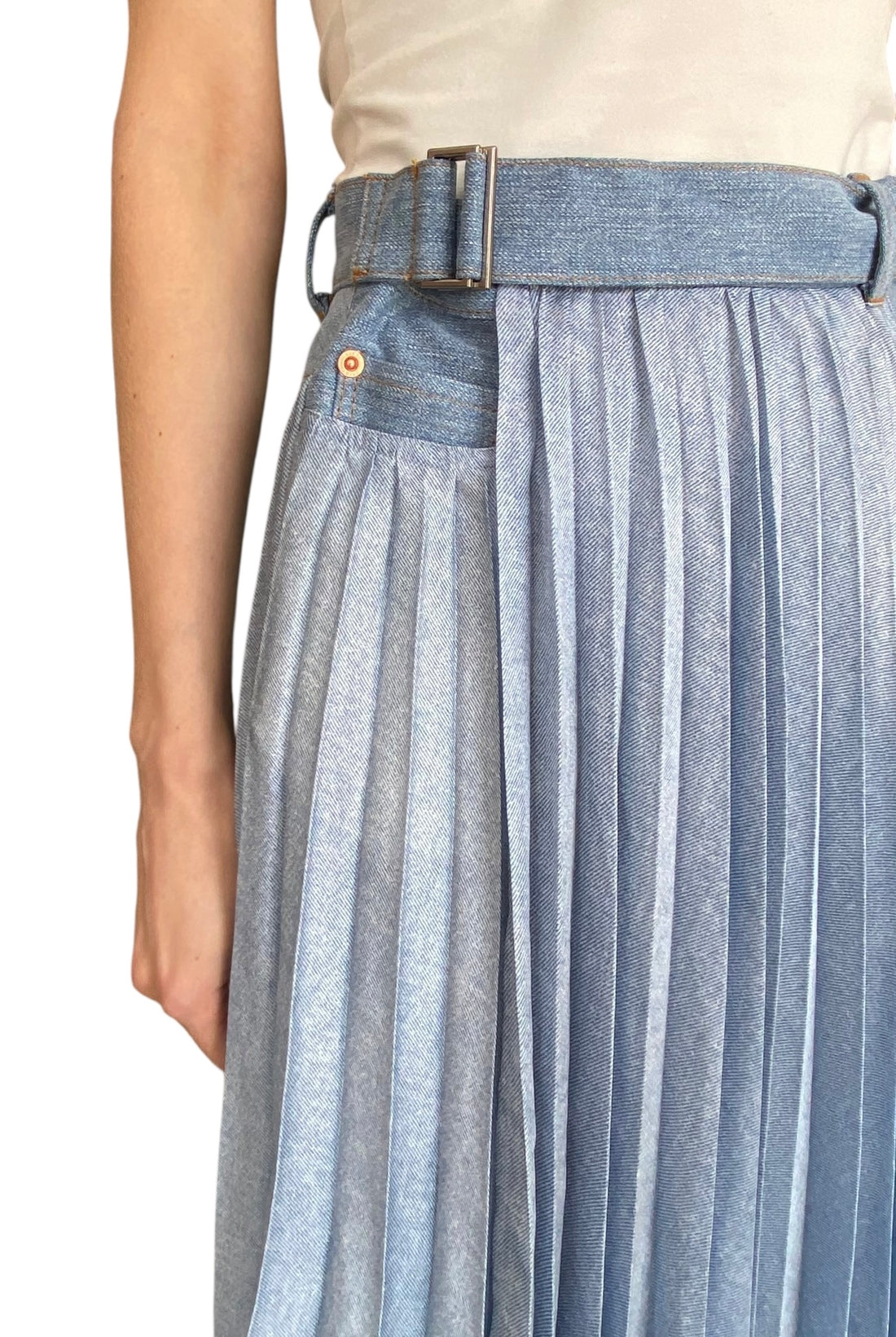 Sacai Blue Denim Pleated Belted Midi Skirt - JP 2 / US 6