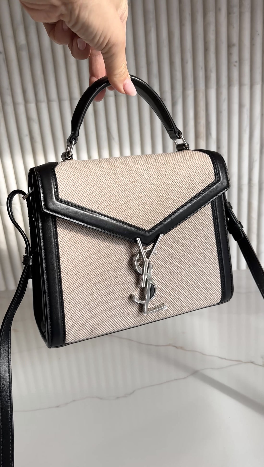 Saint Laurent Mini Cassandra Canvas and Black Leather Top Handle Bag
