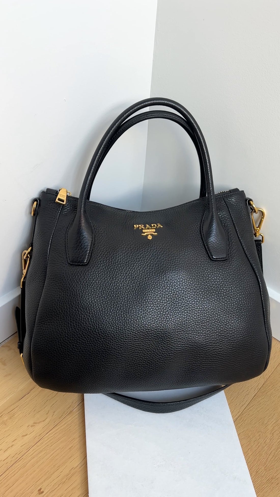 Prada Black Vitello Daino Leather Two Way Satchel Bag