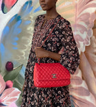 Chanel Red Calfskin Bubble Quilted Medium Single Flap Shoulder Bag