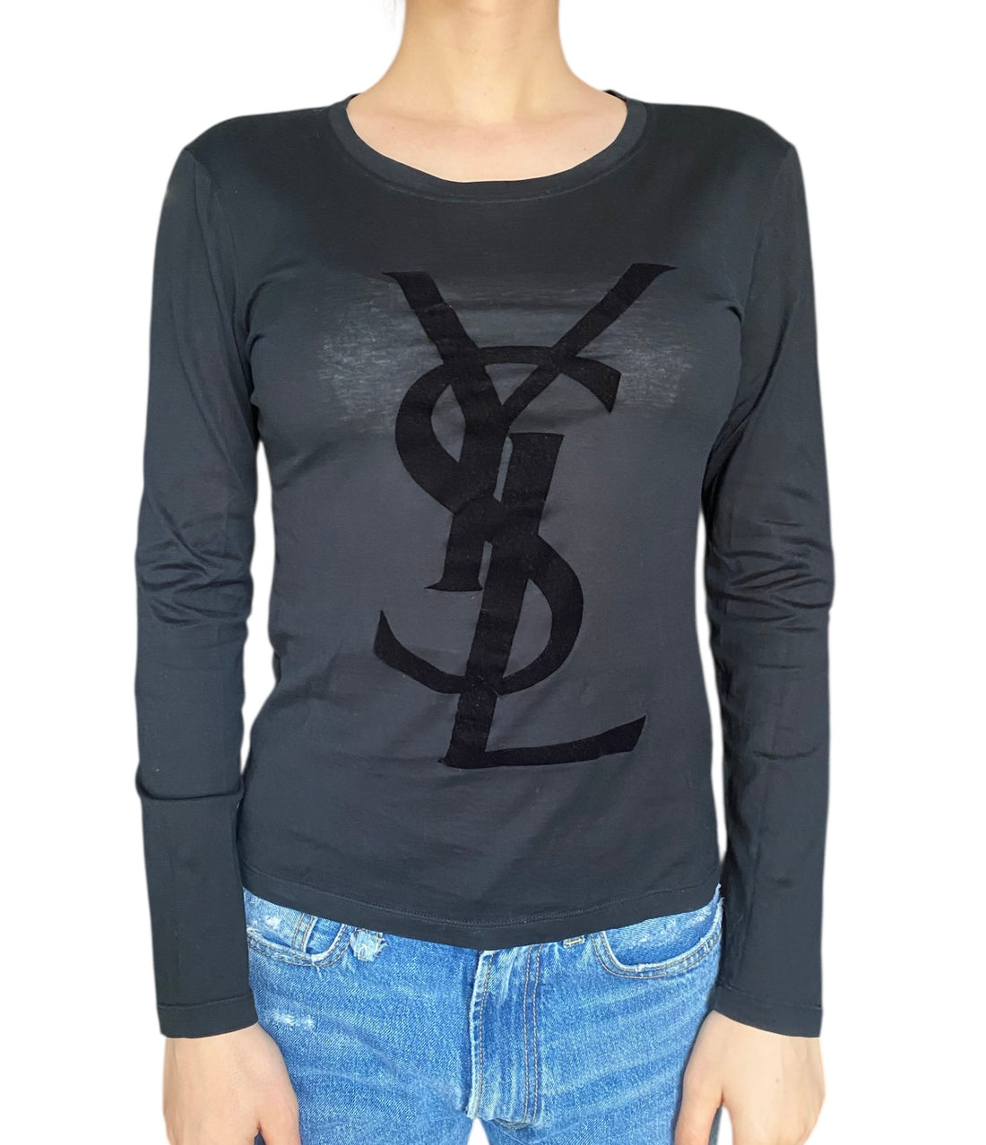 Saint Laurent Velvet Logo Long Sleeve Tee - S