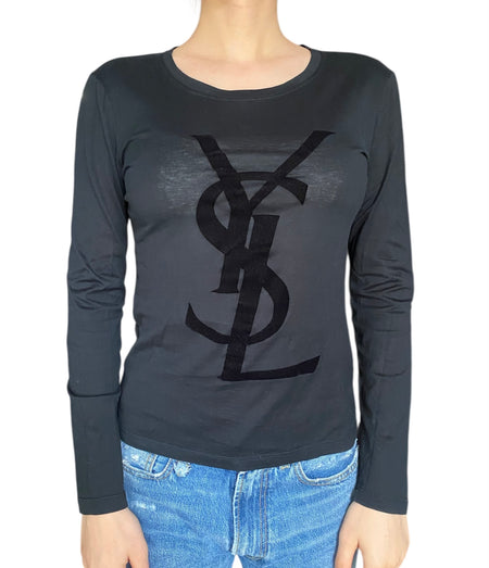 Saint Laurent Velvet Logo Long Sleeve Tee - S