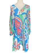 Emilio Pucci Blue Cotton & Silk Geo Printed Boho Backless Shift Dress - IT 44 / M-L