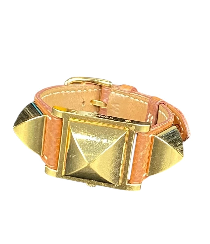 Hermes Vintage 1995 Brown Leather Medor Watch GHW