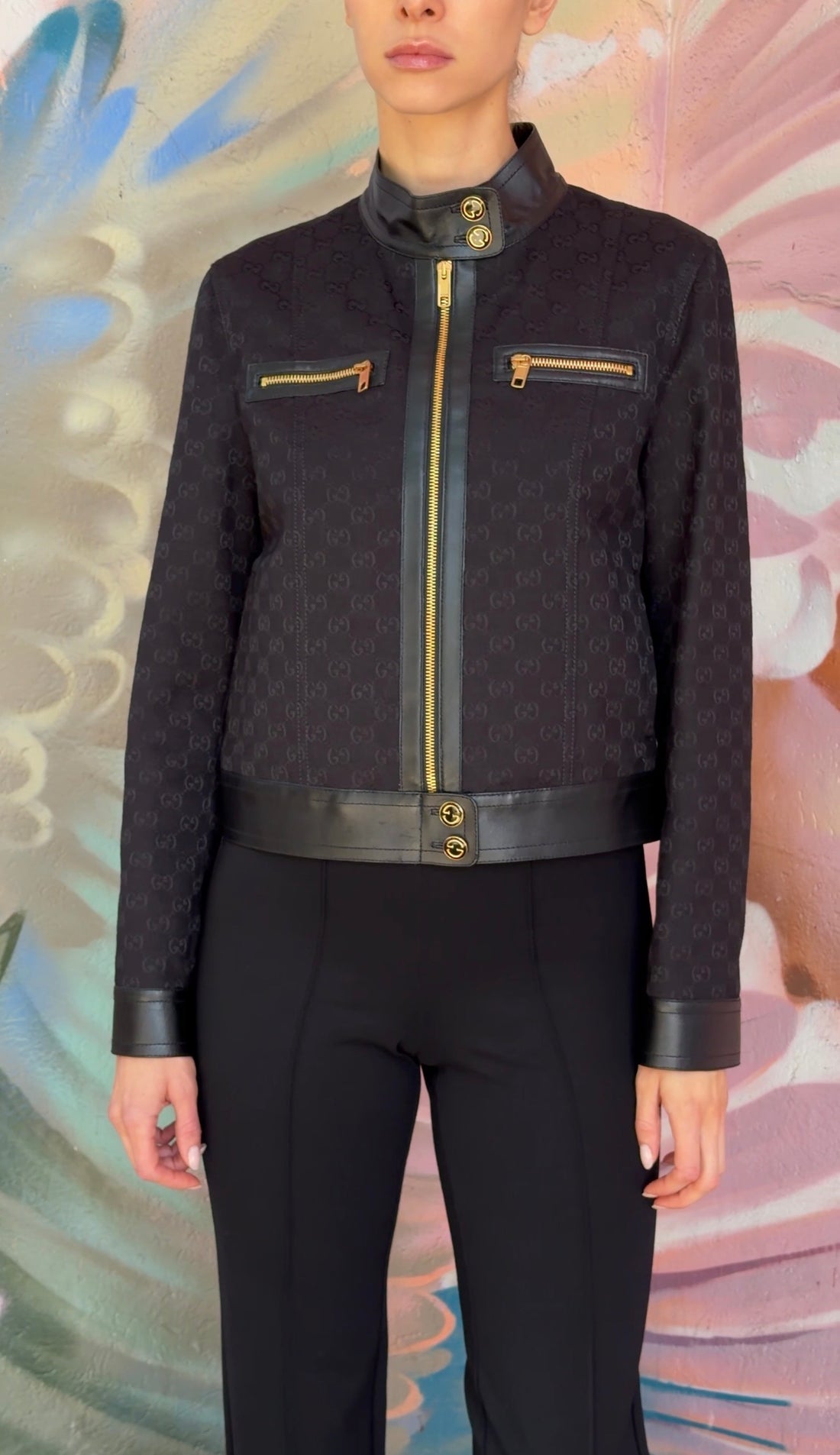 Gucci Black GG Monogram Canvas and Leather Zip Moto Jacket - 42