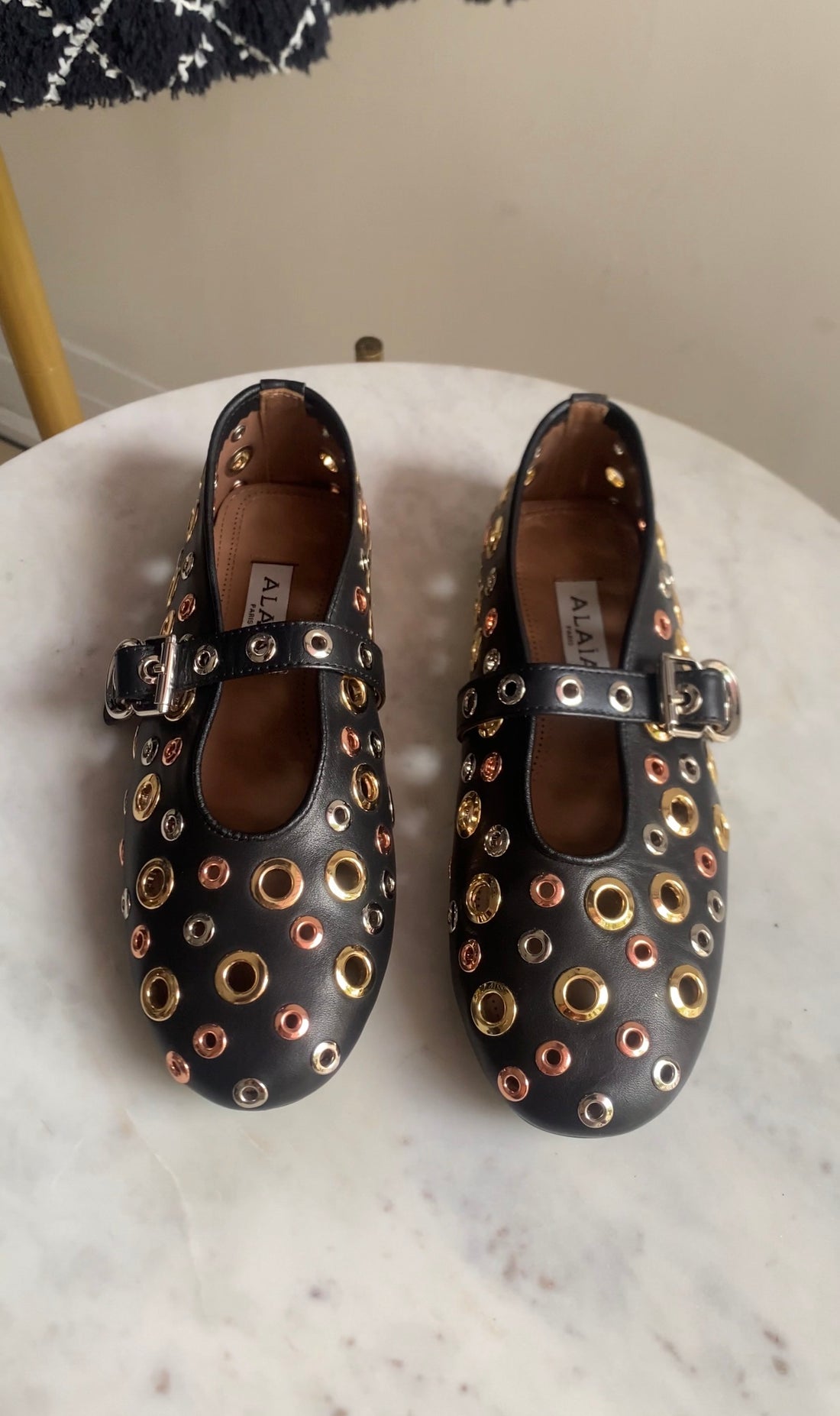 Alaia Black Leather Mixed Metal Eyelet Mary Jane Ballet Flats -36