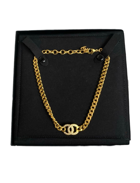 Chanel F24 V Gold Tone Strass CC Cuban Chain Choker