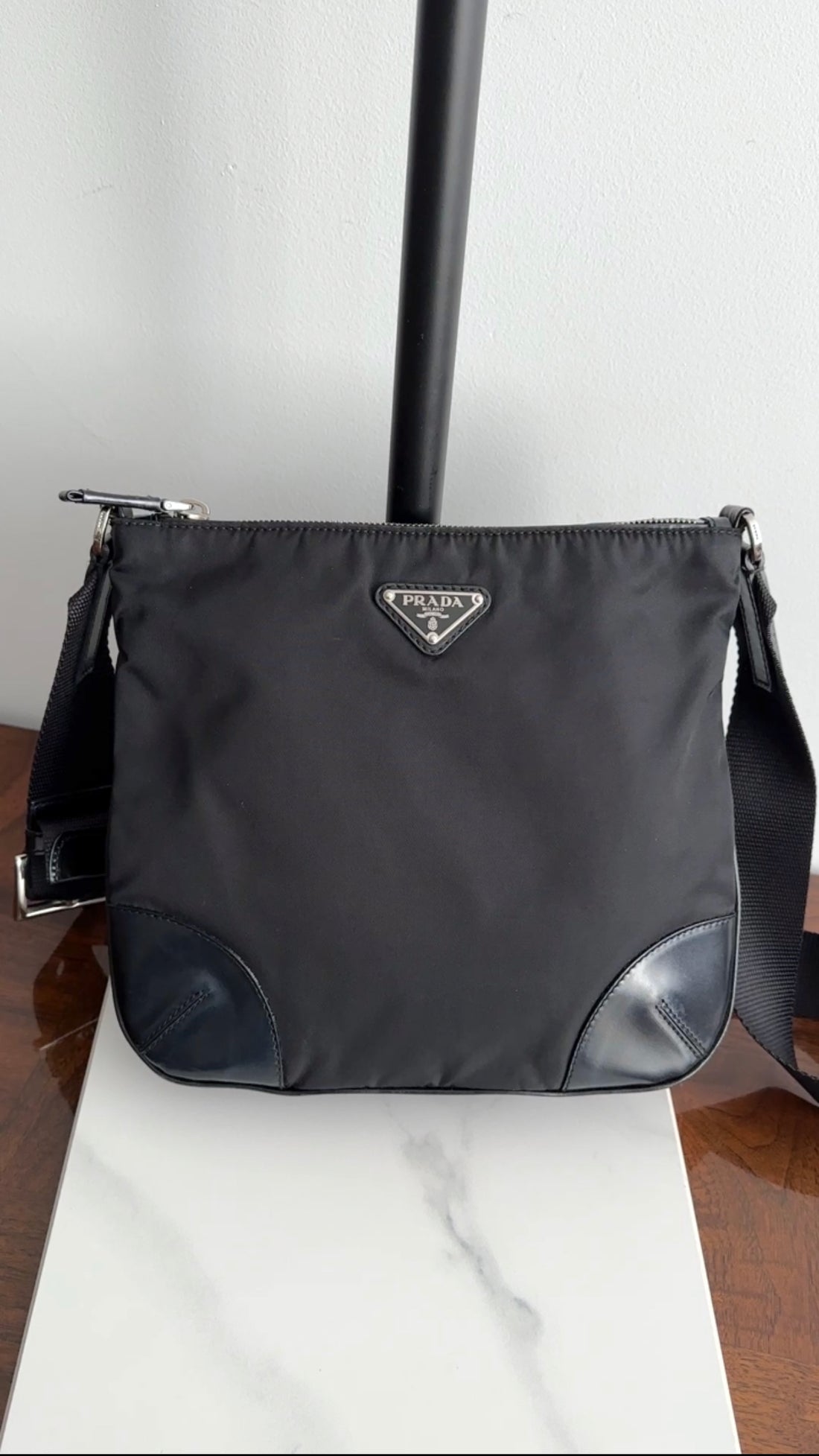 Prada Vintage Black Nylon and Leather Messenger Shoulder Bag