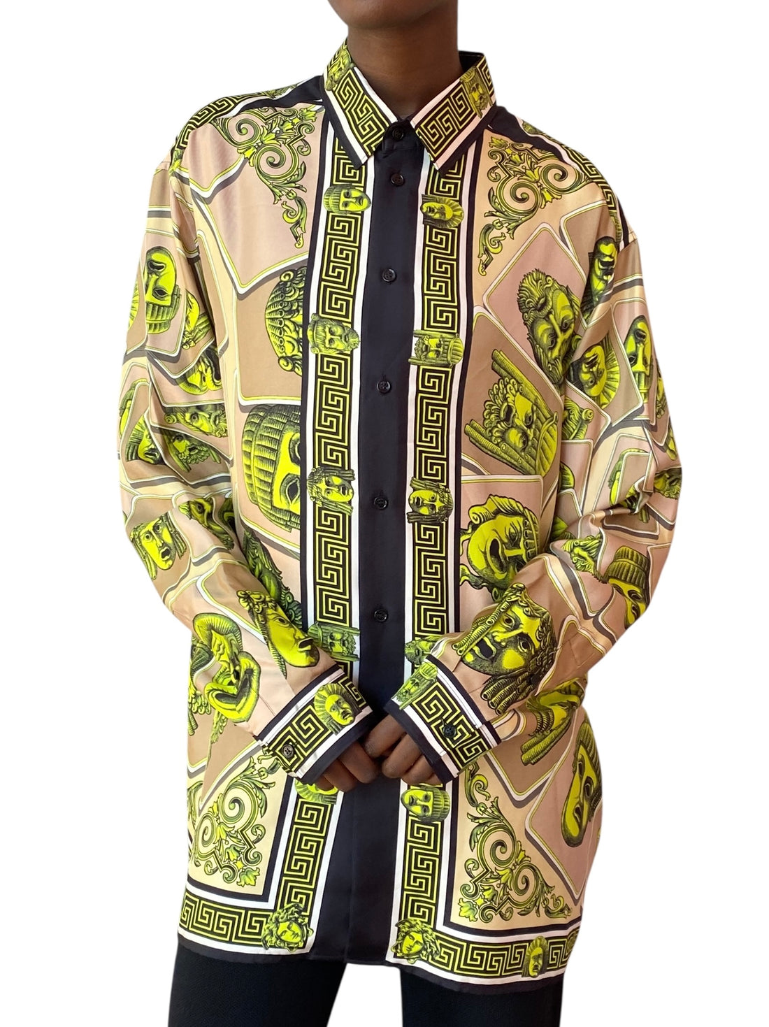 Versace Lime Green Le Maschere Baroque Logo Shirt - IT 54 / XL