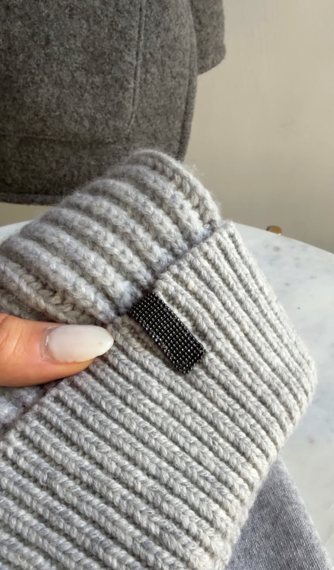 Brunello Cucinelli Light Grey Cashmere Rib Monili Detail Toque Hat