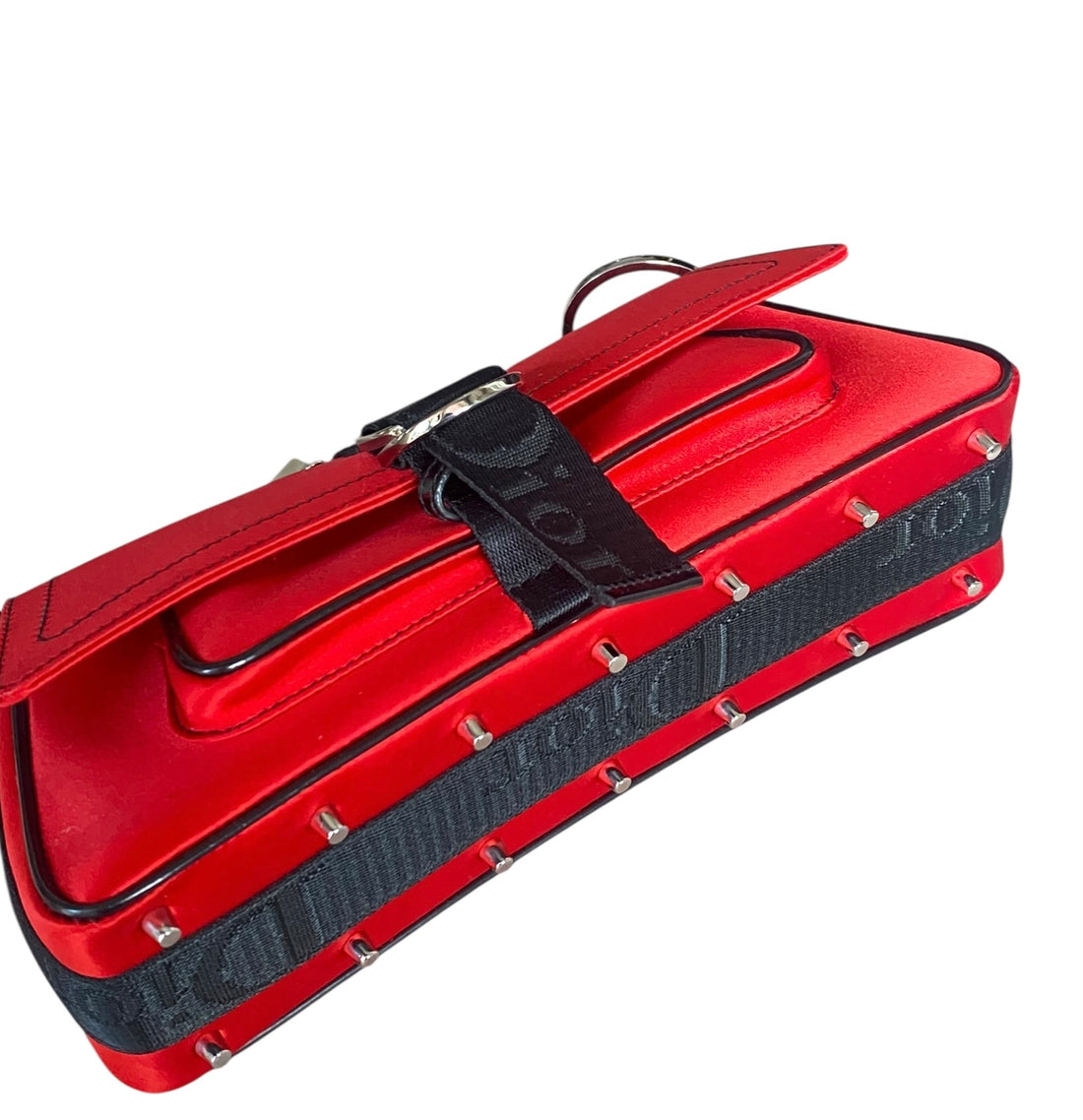 Dior Red Satin Hardcore Mini Rhinestone Chain Bag