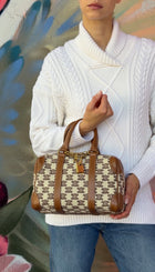 Celine Canvas Triomphe Logo and Leather Boston Small Bag