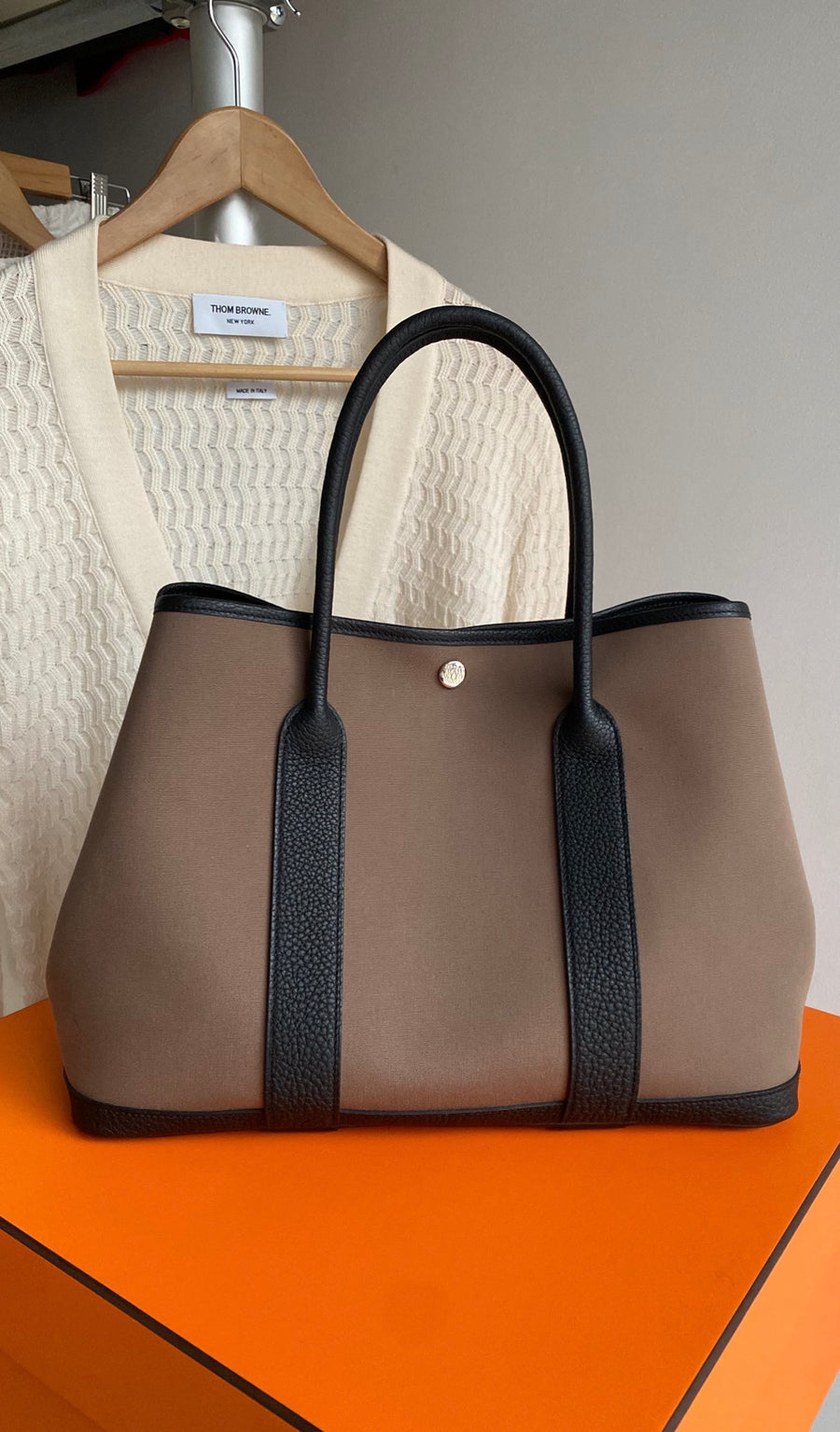 Hermes Garden Party 36 Etoupe Toile Canvas and Black Leather Tote Bag 2025