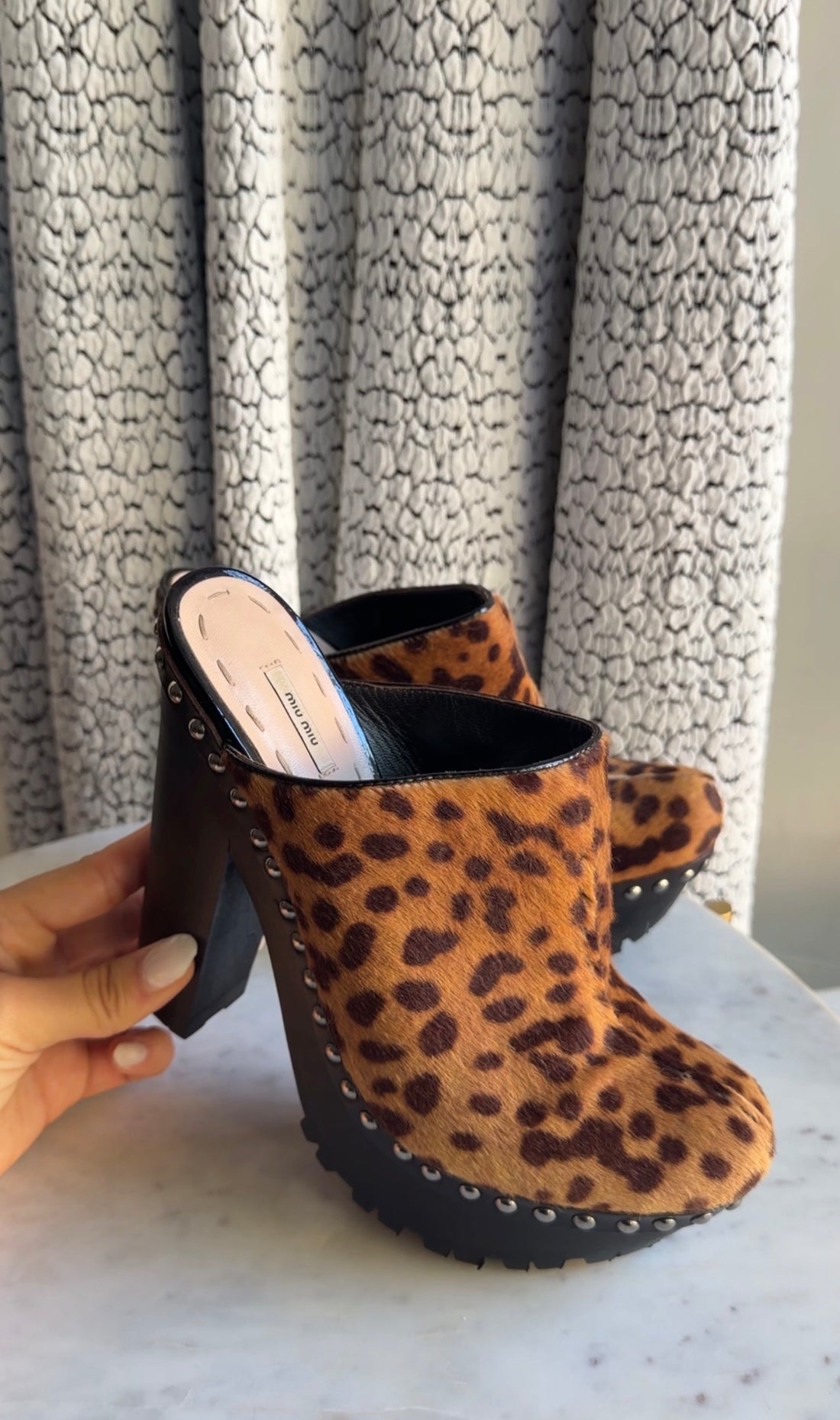 Miu Miu Tan Brown Leopard Pony Hair Platform Clogs - 38