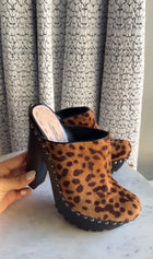 Miu Miu Tan Brown Leopard Pony Hair Platform Clogs - 38