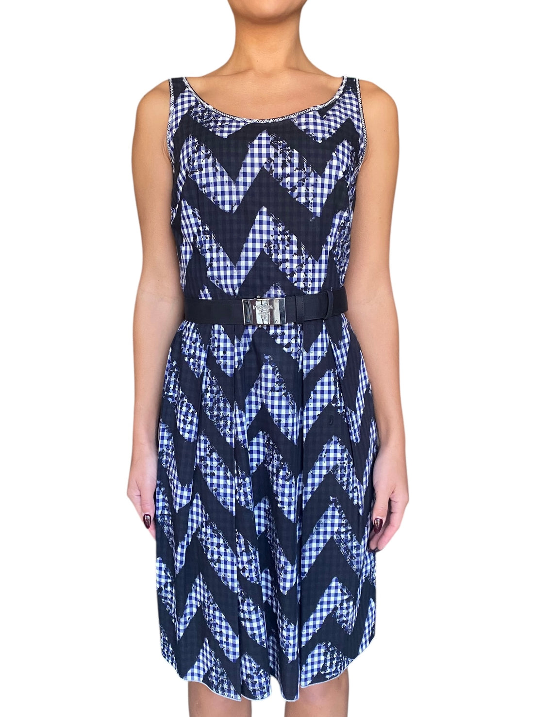 Prada Navy Gingham Belted Dress - 40 / US 4-6