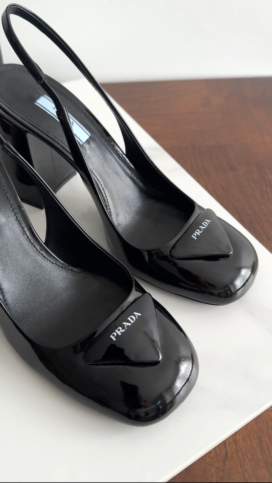 Prada Black Patent Leather Triangle Logo Block Heel Slingback Pumps - 38.5