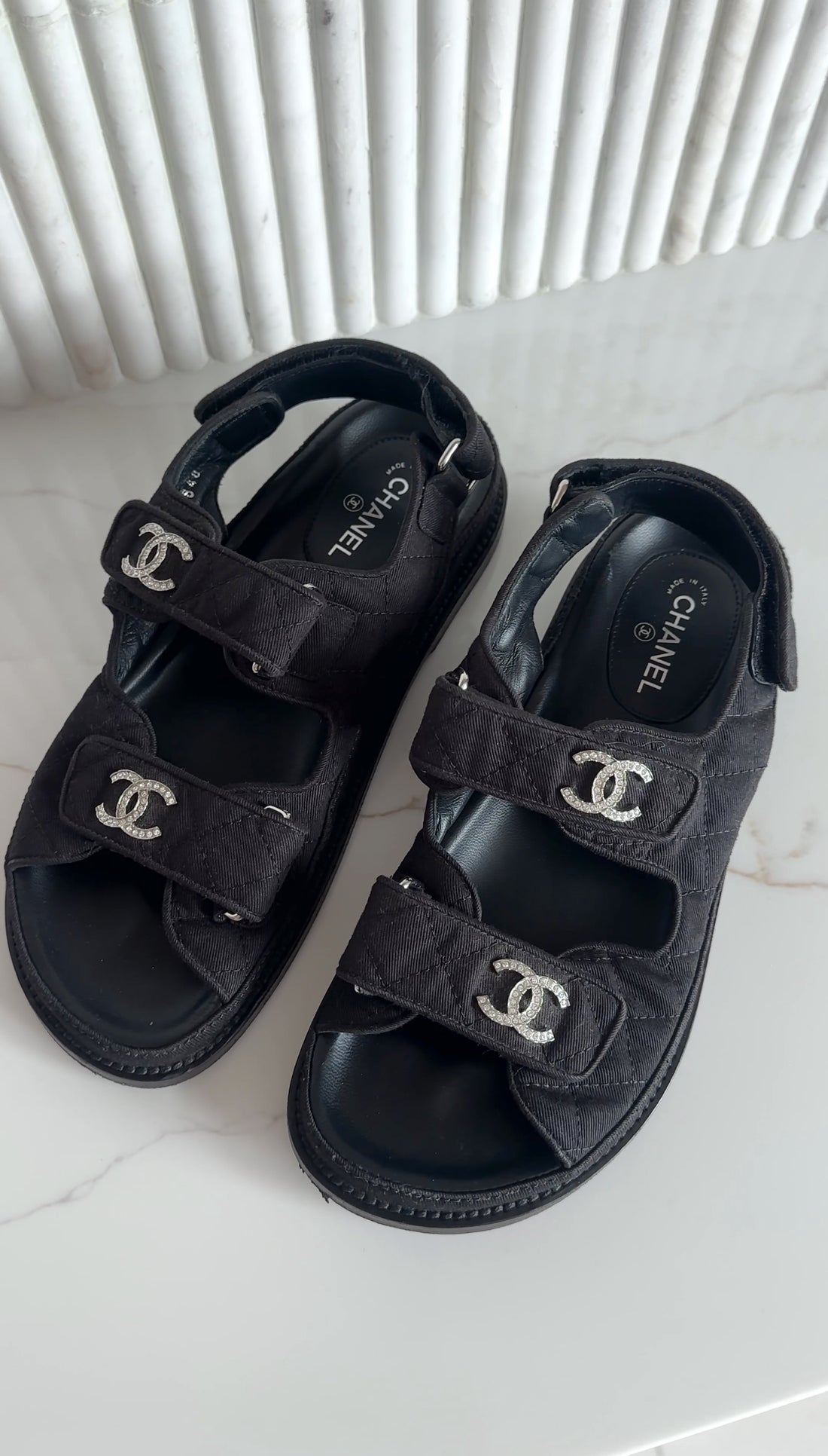 Chanel Black Canvas Quilted Crystal CC Dad Sandals - 37