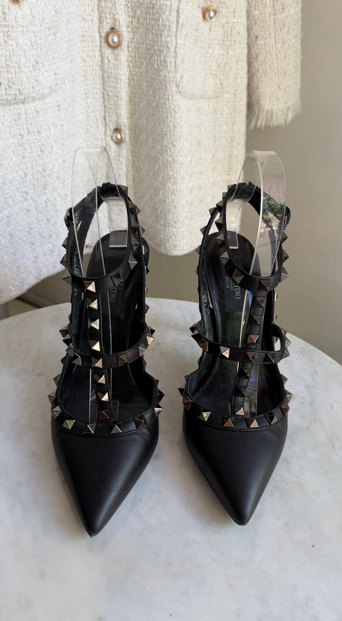 Valentino Black Leather Rockstud Ankle Strap Cage Pointed Pumps - 37