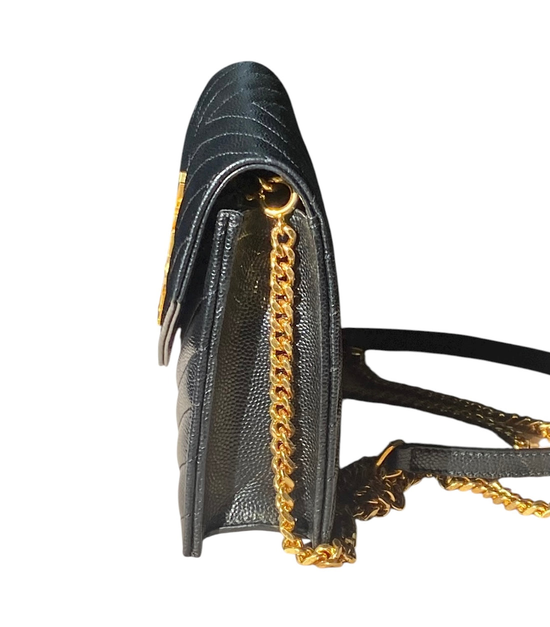 Saint Laurent Black Cassandre Grain de Poudre Chevron Wallet on Chain