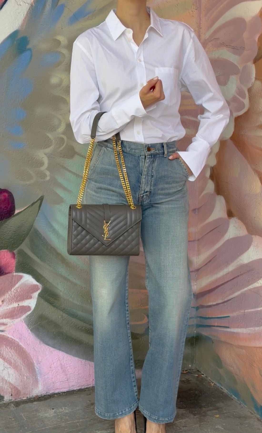 Saint Laurent Dark Grey Taupe Grain de Poudre Matelasse Triquilt Monogram Medium Flap Bag Medium
